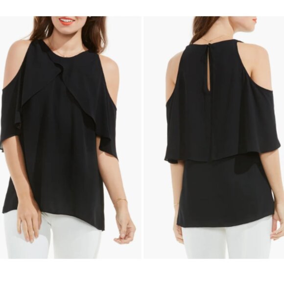 💕 NWT Vince Camuto Womens M Blue Chiffon Cross-over Cold Shoulder Blouse Top - Picture 3 of 3